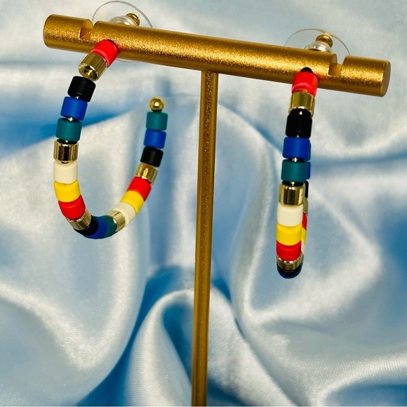 Colorful Beaded Hoop Earrings | Rainbow Statement Hoops 1.5" - Picture 3 of 9